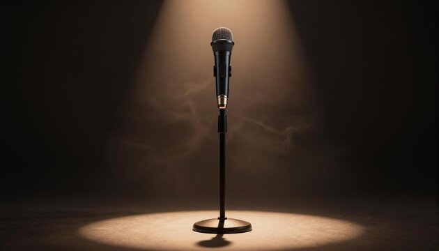 Single microphone on a stand illuminated by a dramatic spotlight on a smoky empty stage