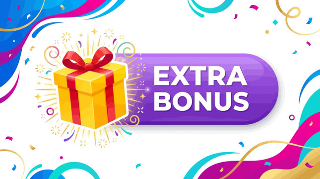 Yellow gift box with red ribbon beside purple bonus banner, festive confetti background emphasizing promotional reward celebration design.