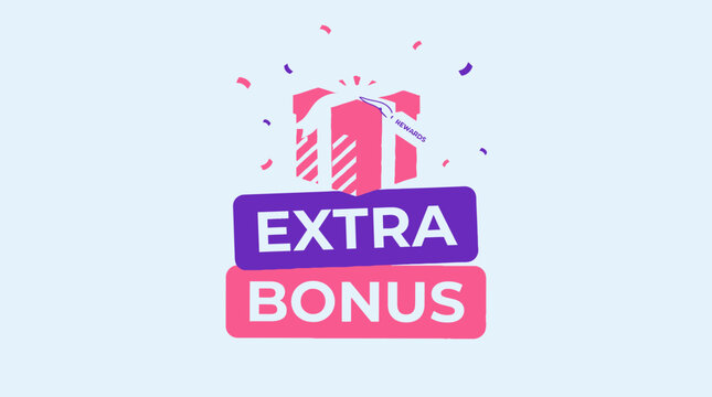 Pink gift box with ribbon and confetti, celebratory design highlighting extra bonus reward promotion, festive incentive graphic on pastel background.