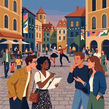 A vibrant city square at dusk featuring two groups of friends interacting while observing street performers dancing in the background.
