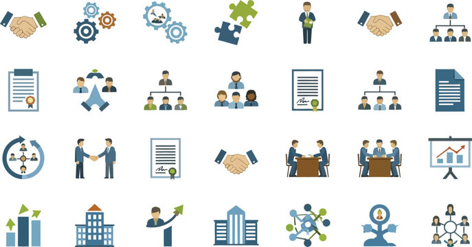 Business partnership and corporate management color icon set with teamwork handshake strategy contract and financial growth graph vector illustration.Business partnership and corporate management colo