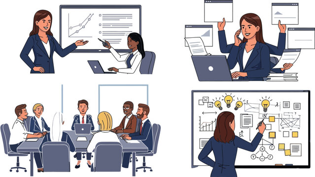 Business presentation and team meeting vector concept set with corporate multitasking multitasking woman and office brainstorming workflow,Business presentation and team meeting vector concept set wit