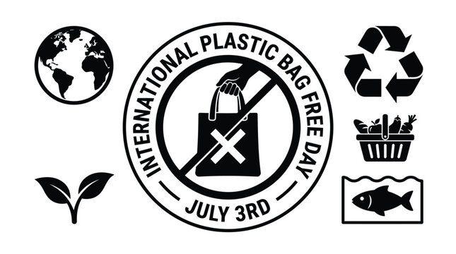 International Plastic Bag Free Day emblem displays a hand rejecting a shopping bag with a prohibitory symbol.