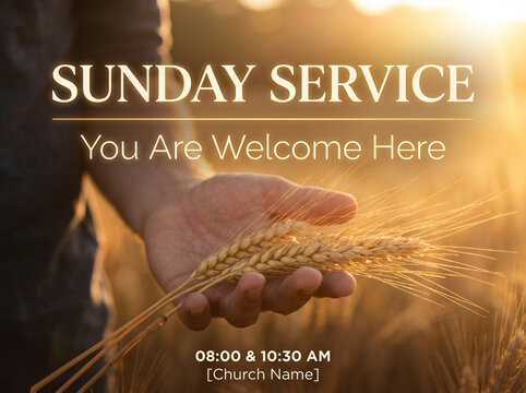 Wheat in a person's hand with a church service announcement background.