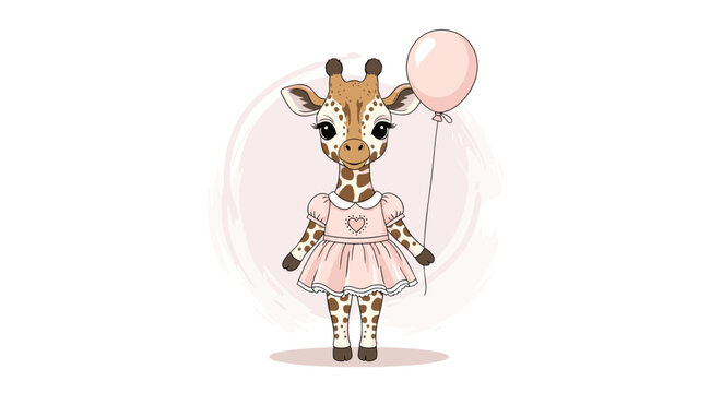 Cute baby giraffe wearing a pink dress and holding a pink balloon against a soft pink watercolor background circle.