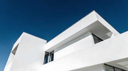 Obraz premium Modern White Building Facade Against a Clear Blue Sky.