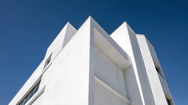 Modern White Building Facade Against a Clear Blue Sky.