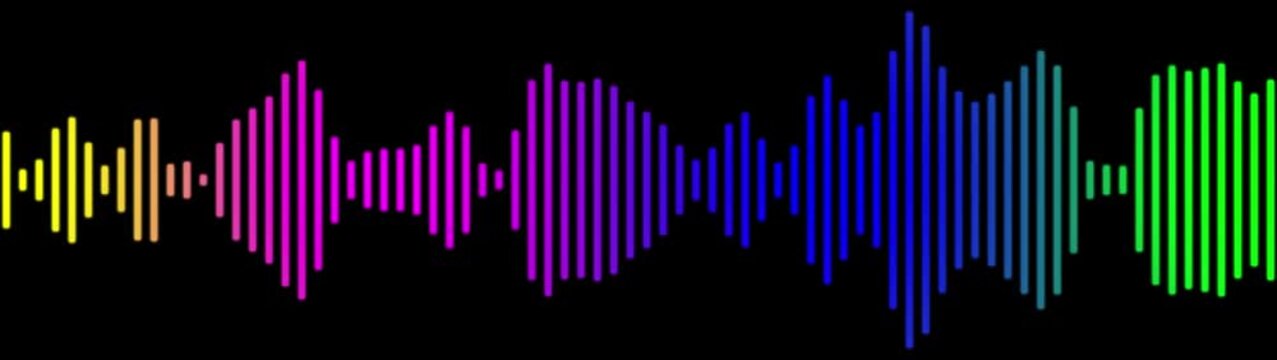 Dynamic rainbow audio waveform equalizer animation on black background, for music visualization, and digital media production