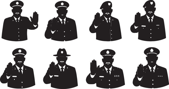 Black Solid Senior Officer Gesturing Stop Silhouettes Set of Six on White Background