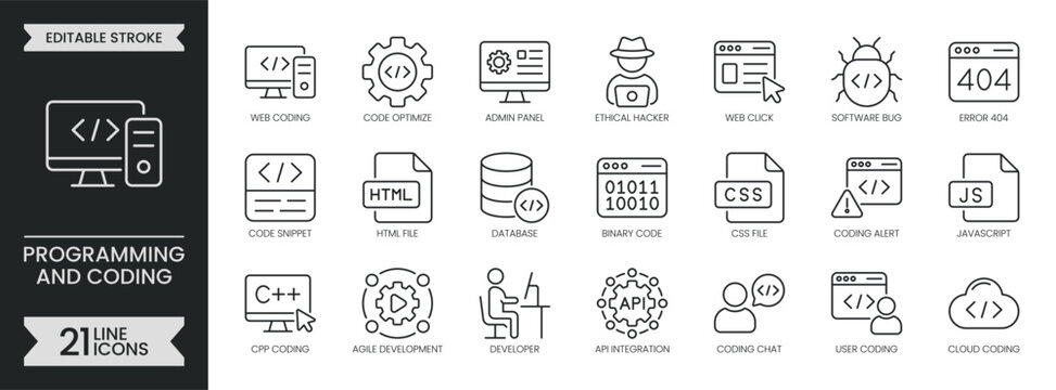 Programming and coding outline icon set. Containing Software development, developer, web engineering, javascript, html, website, binary, error and more. Editable stroke icons pack. Vector illustration