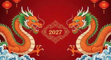 Fototapeta premium Vibrant chinese dragon illustration for 2027 celebration illustration