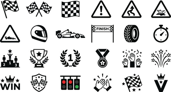 Car racing and motorsport solid glyph icon set featuring chequered flags racing car trophy podium helmet and stopwatch vector illustration.Car racing and motorsport solid glyph icon set featuring cheq