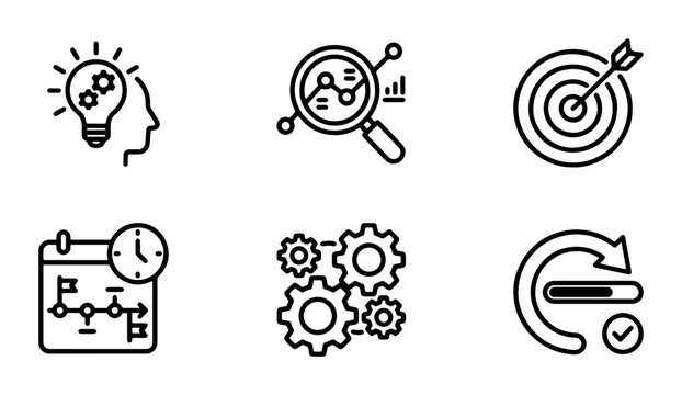 Business Strategy Icons, Workflow Process Icons, Project Management Icons, Data Analysis Icons, Goal Achievement Icons, Innovation Icons, Vector Set