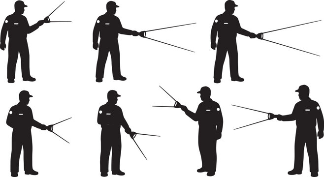 Black Solid Security Guards Flashlights Silhouettes Set of Six on White Background