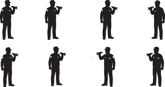 Black Solid Security Guards Flashlights Silhouettes Set of Six on White Background