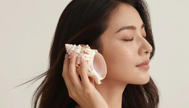 Woman holding a conch seashell to her ear with eyes closed, serene profile portrait suggesting relaxation, listening, and coastal calm