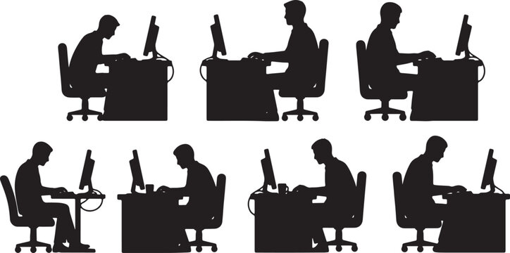 Black Solid Software Computer Programmer Silhouettes Set of Six on White Background