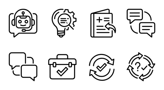 Customer Support Icons Set, Chatbot Assistance, Idea Generation, Document Management, Feedback Loop, Workflow Optimization, Question and Answer Icons