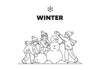 Fototapeta premium Children building snowman outdoors winter scene with children activity childhood snowball