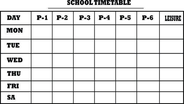 Simple school timetable chart for weekly class periods and leisure time