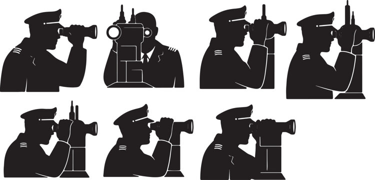 Black Solid Submarine Commanders Looking Periscopes Silhouettes Set of Six on White Background