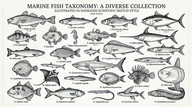 Marine Fish Taxonomy Collection: Diverse Engraved Scientific Sketch Style