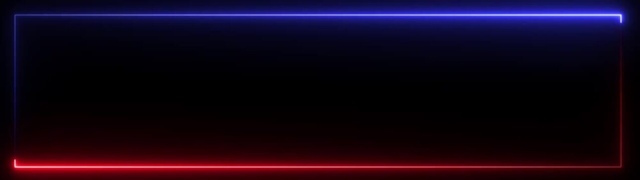 Neon glowing rectangular frame with red and blue light trails moving along border rectangle
