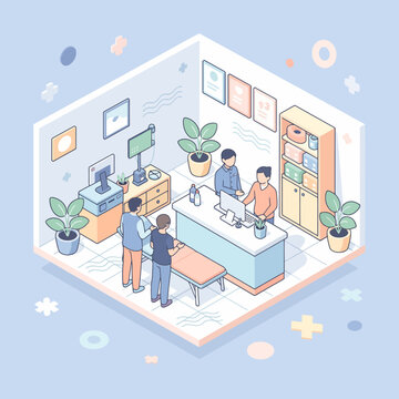 Isometric view of a reception area with people and various objects inside