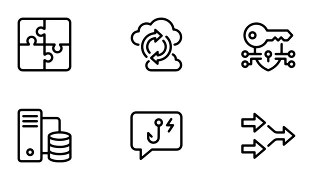 Technology Icons Set: Cloud Sync, Security Key, Database Server, Phishing Hook, Puzzle Pieces, Data Flow Vector Graphics