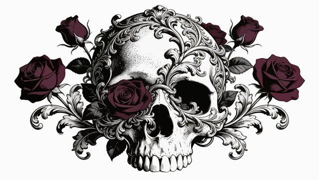 Ornate Skull with Filigree and Roses Vector Illustration