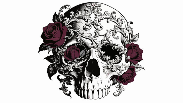 Ornate Skull with Floral Filigree Vector Illustration