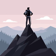 A person stands atop a mountain, gazing at the beautiful landscape view © Thomas