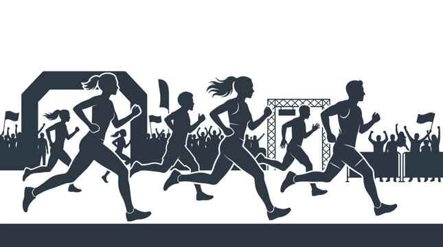Runners Competing in a Marathon with Spectators Cheering