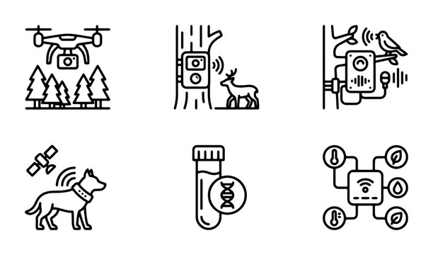 Modern Technology Icons: Wildlife Tracking, Drone Surveillance, DNA Testing, and Smart Sensors for Conservation and Research