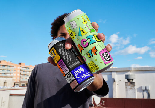 Mockup of two Tall Boy Aluminum Cans in Hands