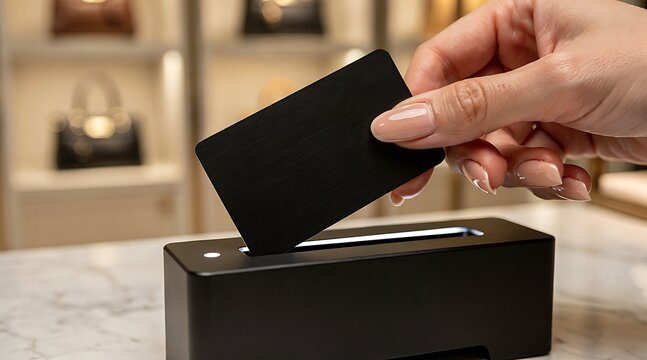Person inserting a black blank card into a card reader machine.