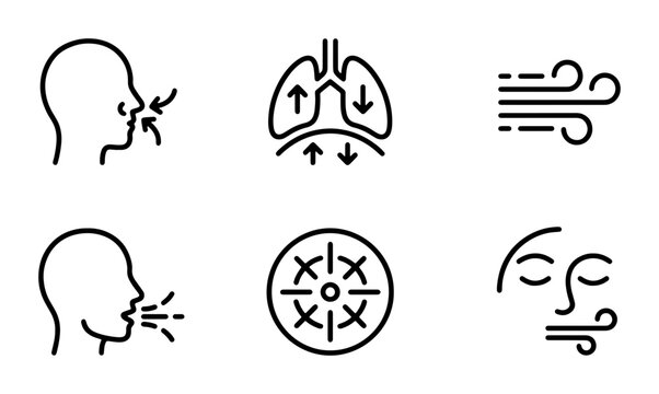 Breathing Icons Set, Respiratory System Health, Airflow and Respiration Symbols, Medical and Wellness Graphics