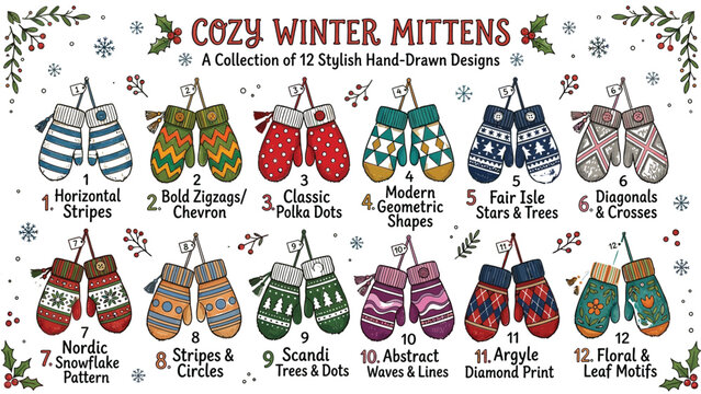 Collection of twelve cozy winter mittens featuring colorful hand drawn Christmas holiday knitted glove patterns vector illustration.Collection of twelve cozy winter mittens featuring colorful hand dra