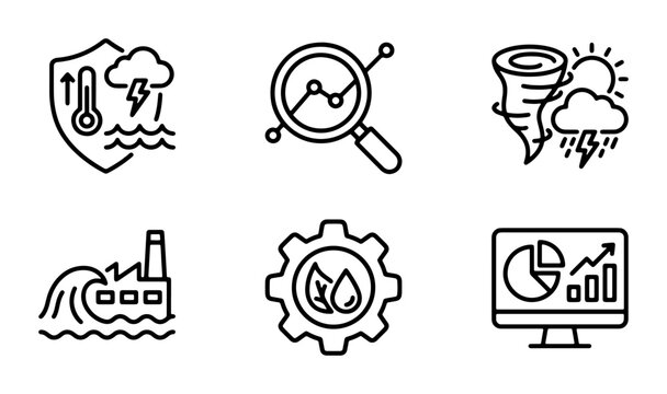 Environmental Icons Set: Climate Change, Industry, Data Analysis, Weather, Sustainability, Vector Graphics