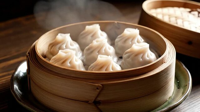 Steaming hot xiao long bao dumplings in bamboo basket, traditional asian cuisine serving for restaurant menu and culinary