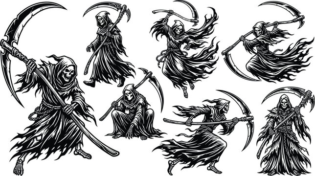Grim reaper skeleton character collection holding sharp scythe weapon in various action poses tattoo style vector illustration set.Grim reaper skeleton character collection holding sharp scythe weapon