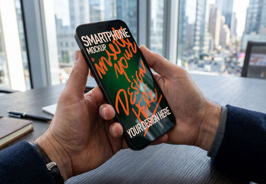 Mockup of man Holding a Mobile Phone in Hand Generative AI