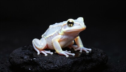 Obraz premium Pale albino tree frog with golden eyes perched on a dark rock against a black background