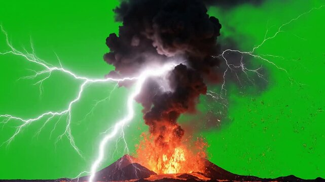 Volcanic eruption with lightning strike on green screen background, for vfx compositing, volcano lava magma