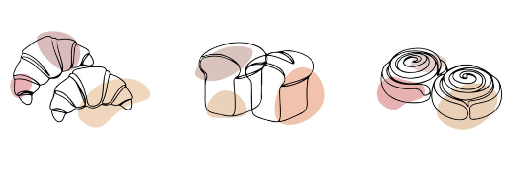 Minimalist continuous line art drawing of delicious buttery croissants fresh loaf bread and sweet cinnamon rolls on white background
