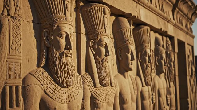 Ancient persian bas-relief stone carvings at persepolis, detailed archaeological sculpture of kings and warriors in golden hour sunlight