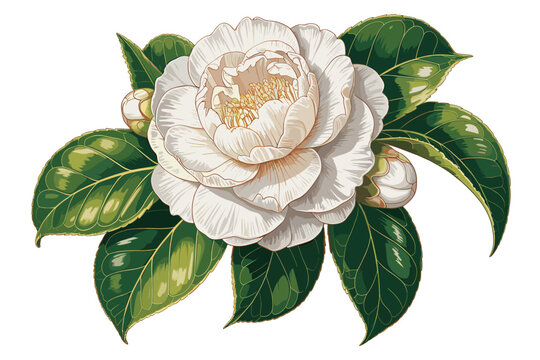 White Rose Flower with Green Leaves and Buds Illustration