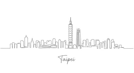 Naklejka premium Taipei City Skyline Illustration: One-Line Art on White Background