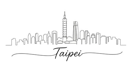 Fototapeta premium Taipei City Skyline Illustration, Continuous Line Drawing, Taiwan.