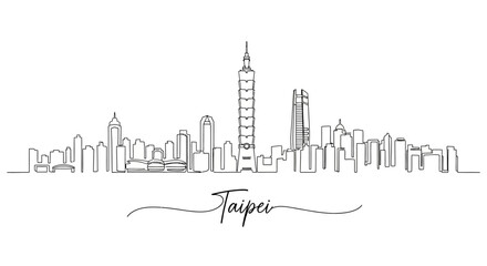 Naklejka premium Taipei City Skyline Illustration - Minimalist Line Art